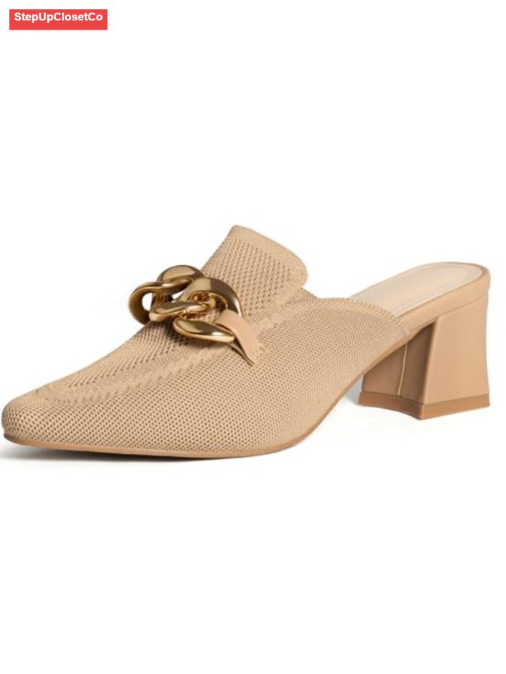 Knit Pointed Toe Chunky Heel Mules Slip On Dress Pumps for Business